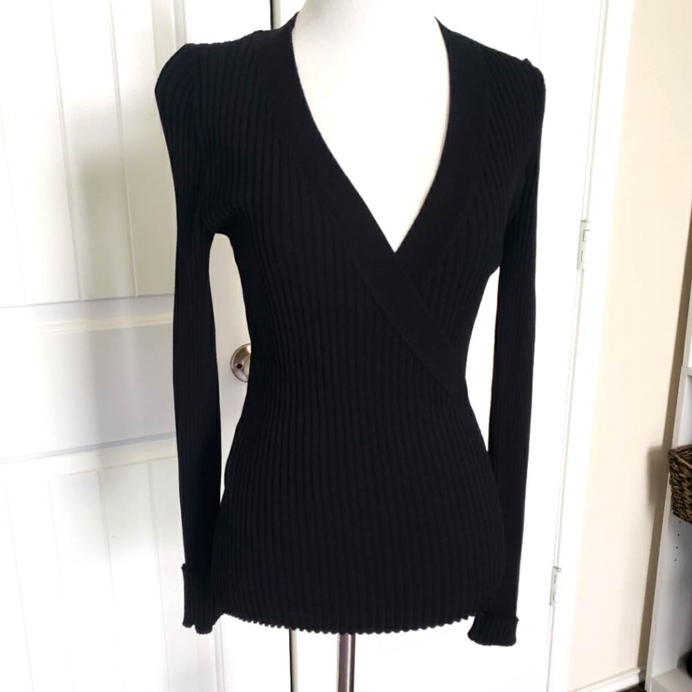 Cache Black Ribbed V-Neck Wrap-Style Women's Top